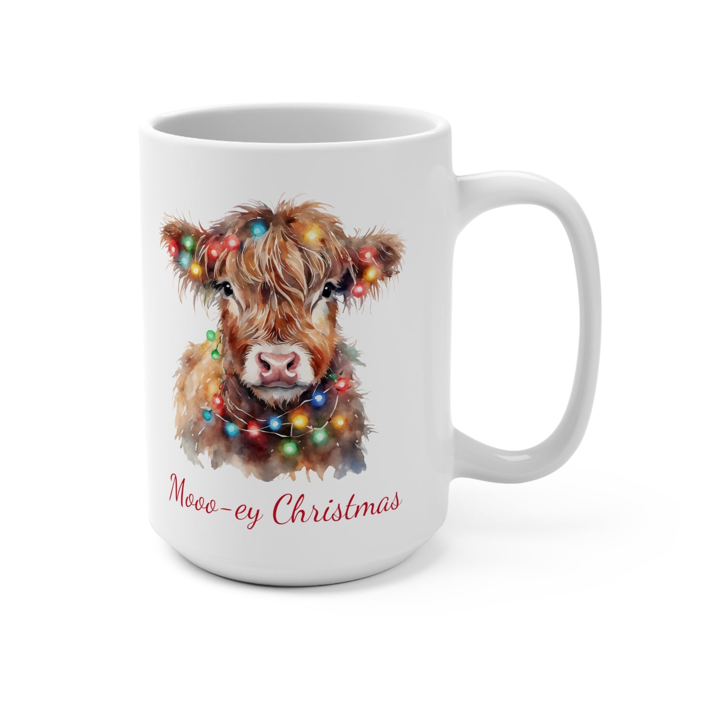 Highland Cow in Christmas Lights Mooo-ey Christmas Mug 15oz