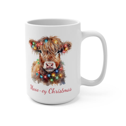 Highland Cow in Christmas Lights Mooo-ey Christmas Mug 15oz