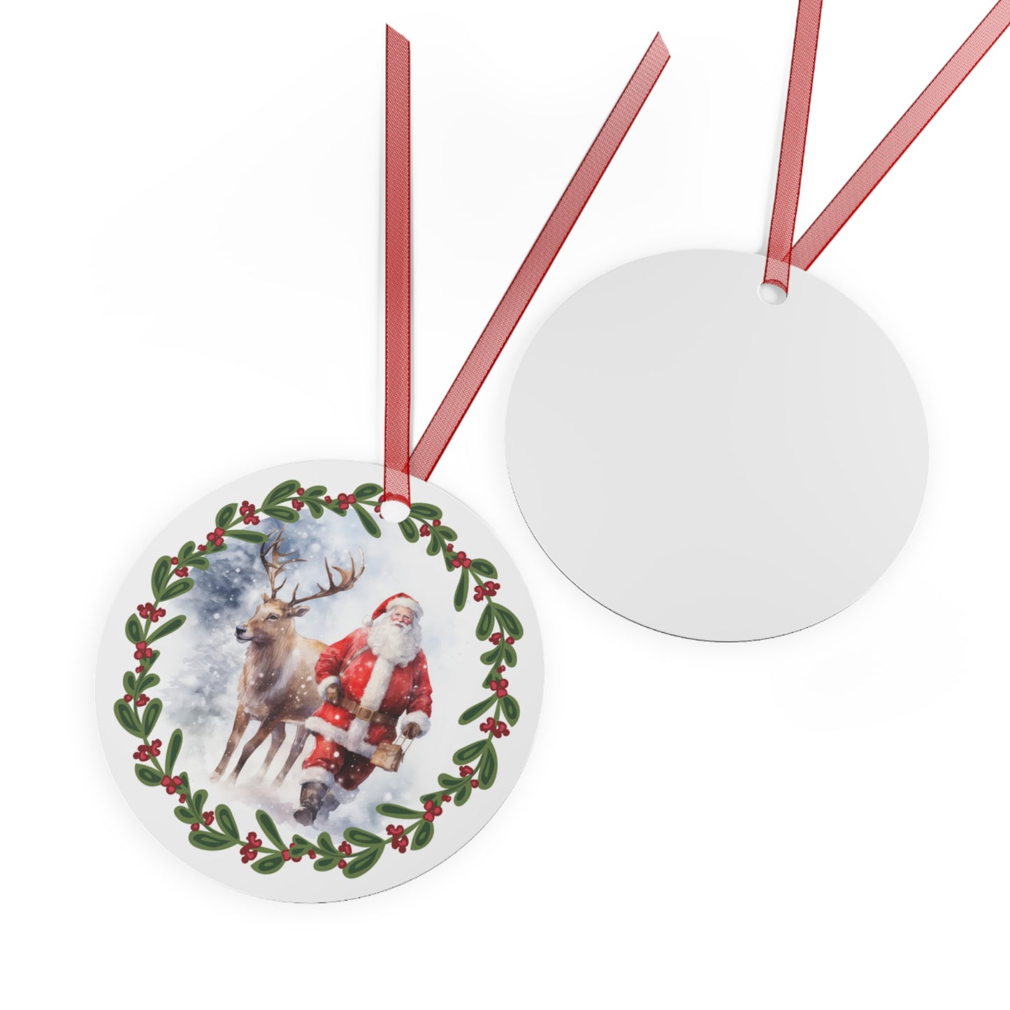 Santa With Reindeer in Snow Design 2 Christmas Ornament