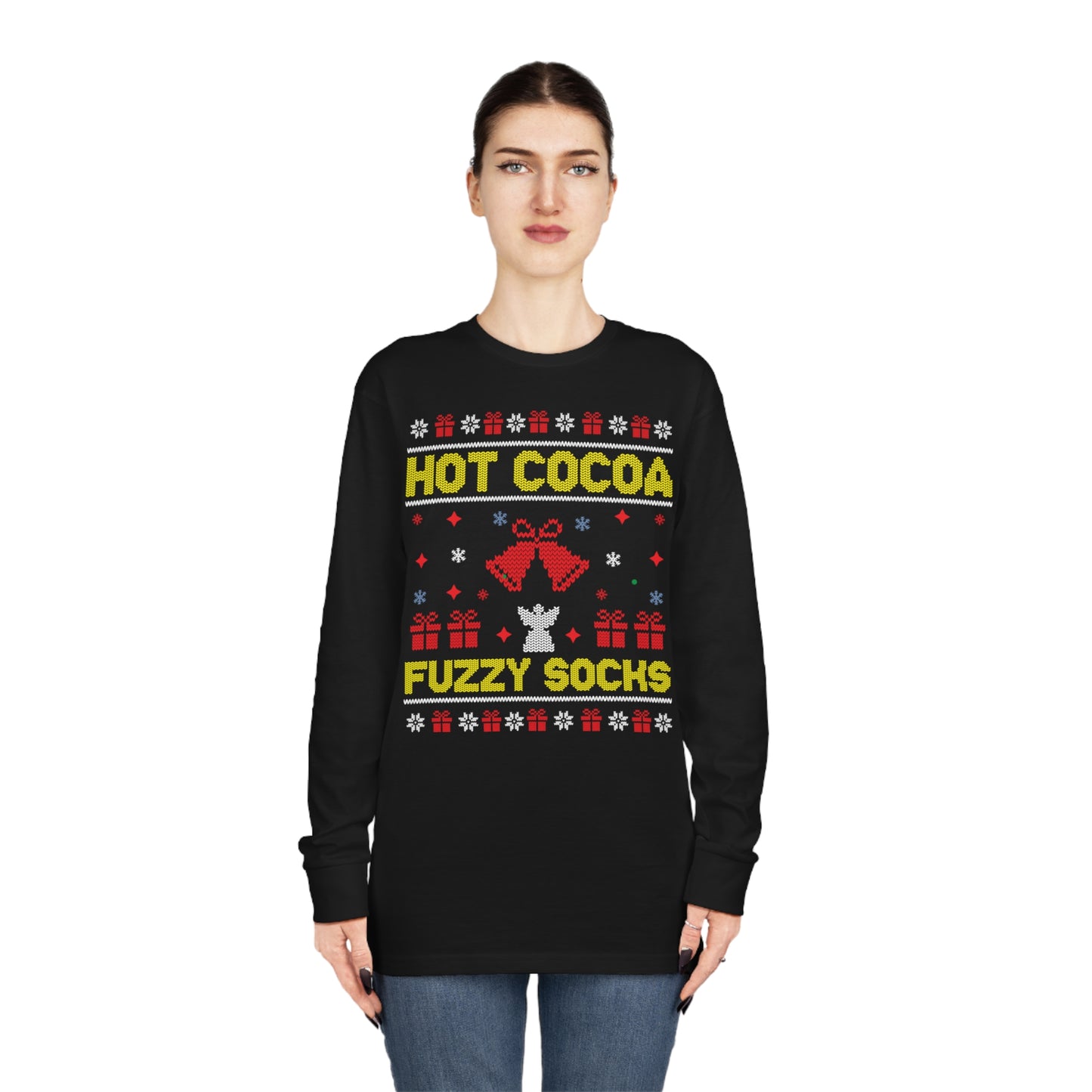 Hot Cocoa Fuzzy Socks Christmas Ugly Sweater Long Sleeve T-shirt