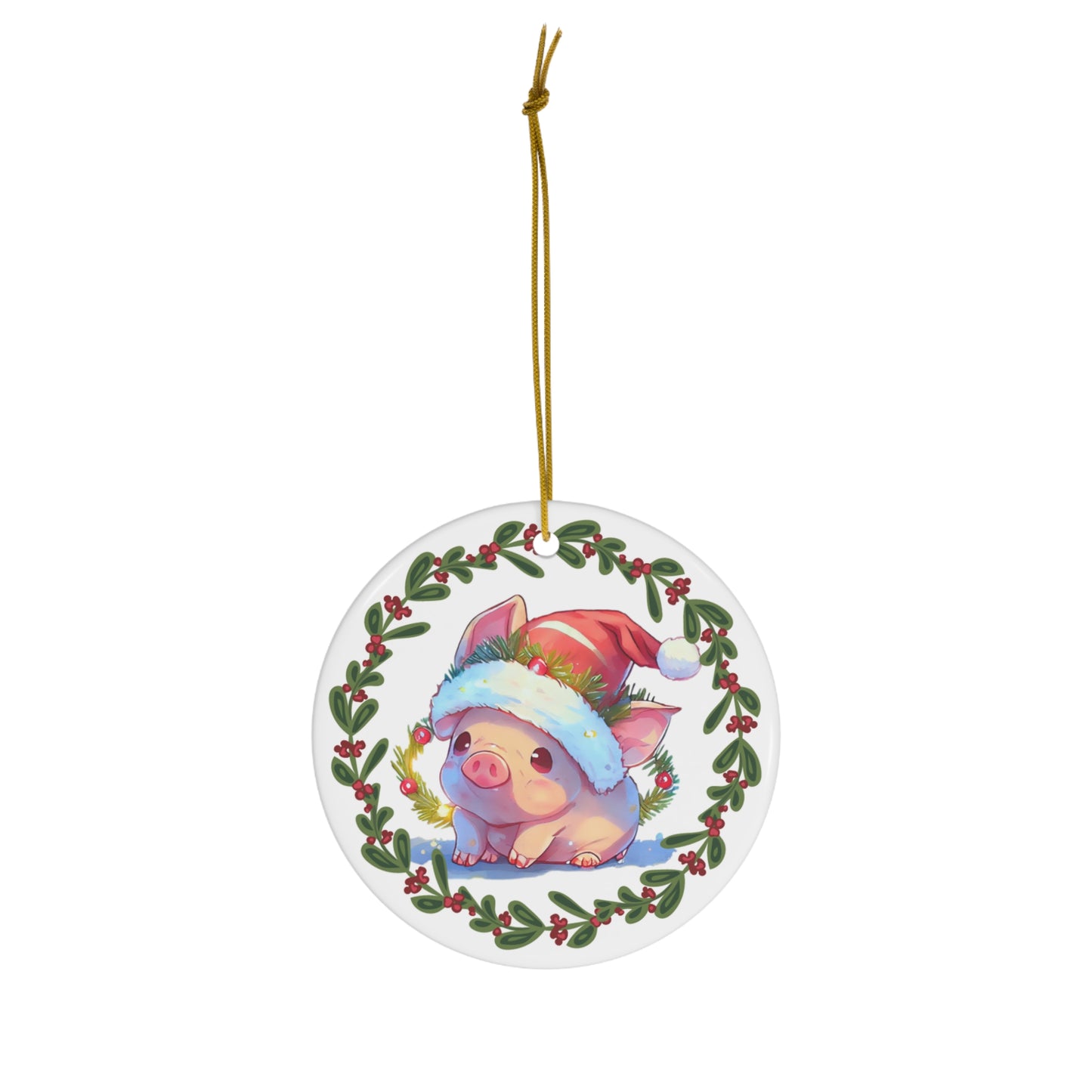 Pig in Santa Hat Christmas Ceramic Ornament