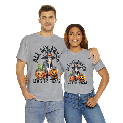 All My Hexes Live In Texas Cow With Pumpkins Halloween Short Sleeve Tee