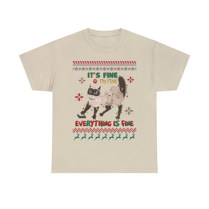 It's Fine I'm Fine Everything is Fine Cat in Lights Christmas Ugly Sweater Short Sleeve Tee