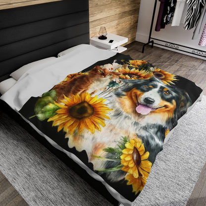 Watercolor Dog and Cat with Sunflowers Blanket