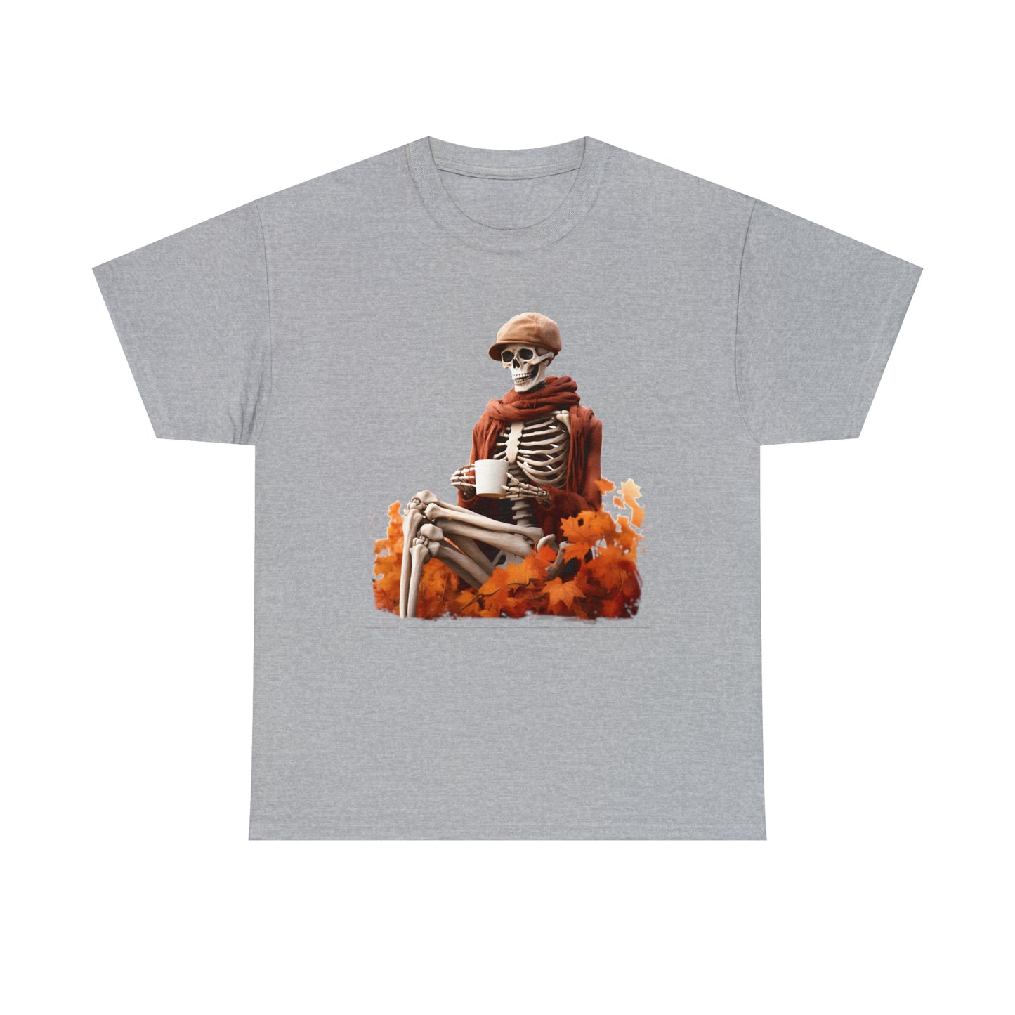 Skeleton in Fedora Sitting With Fall Leaves Halloween Short Sleeve Tee