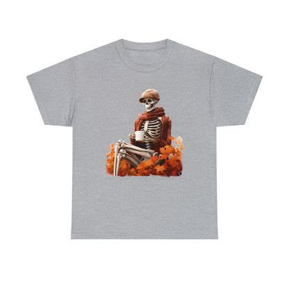 Skeleton in Fedora Sitting With Fall Leaves Halloween Short Sleeve Tee