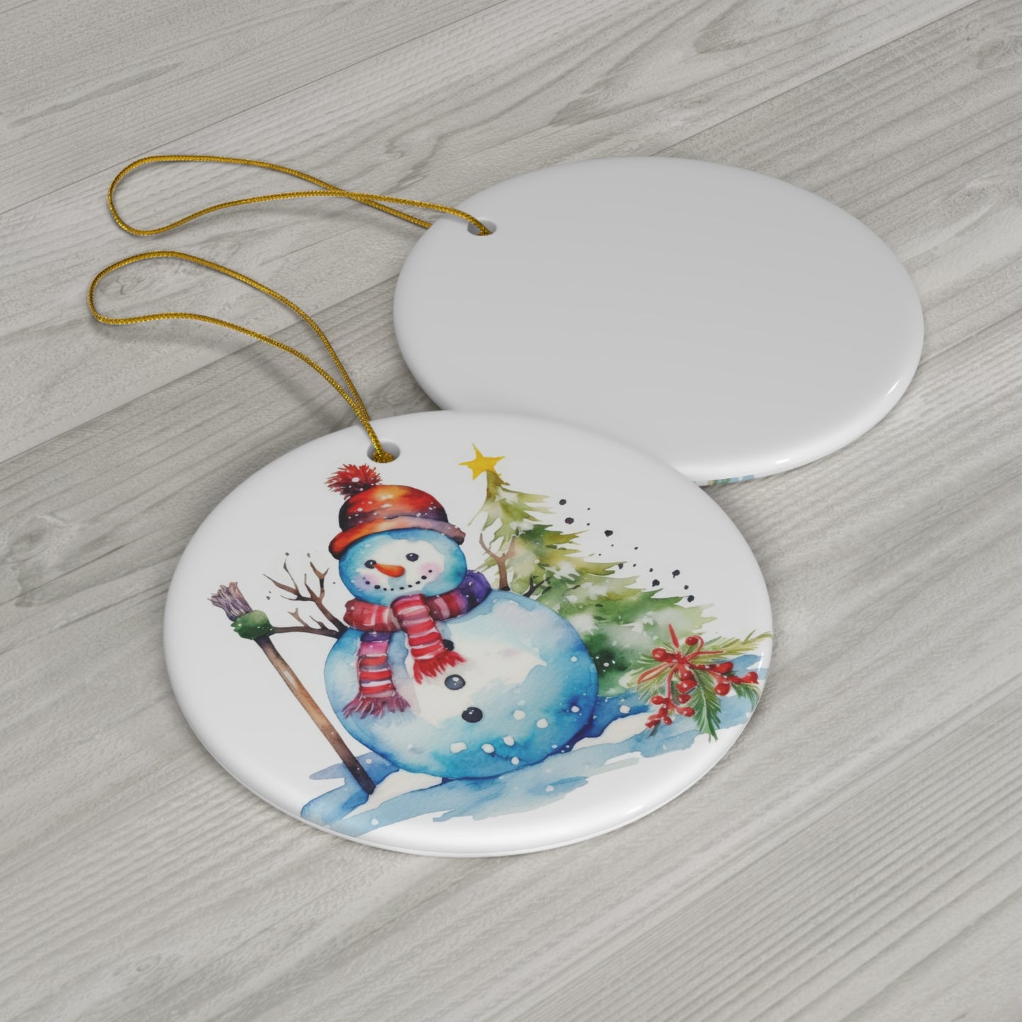 Snowman with Tree Christmas Ceramic Ornament