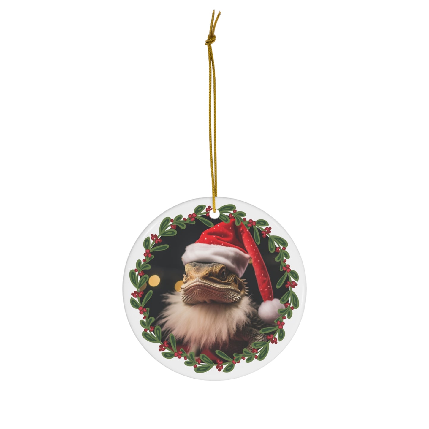 Bearded Dragon in Santa Hat and Beard Christmas Ceramic Ornament