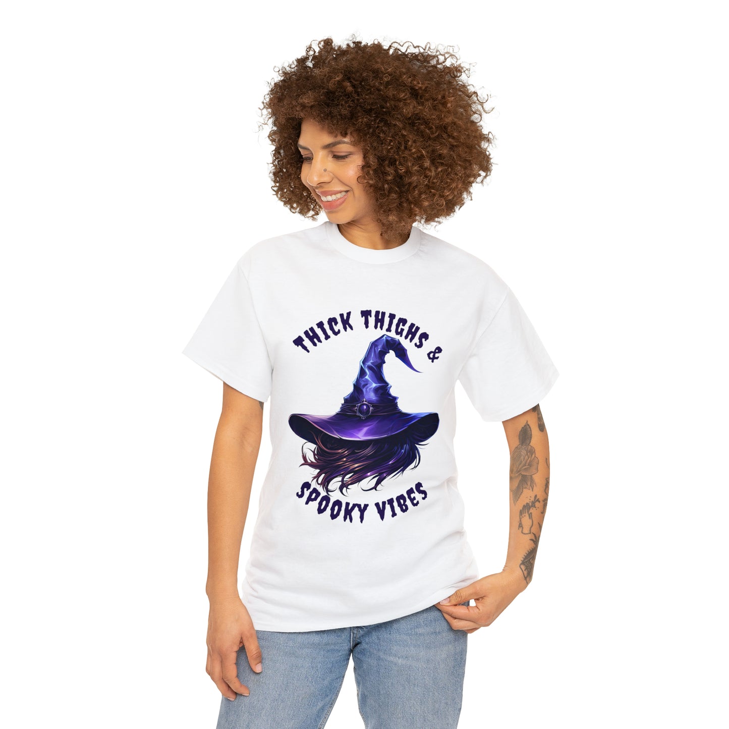 Thick Thighs And Spooky Vibes Witch Hat Halloween Short Sleeve Tee
