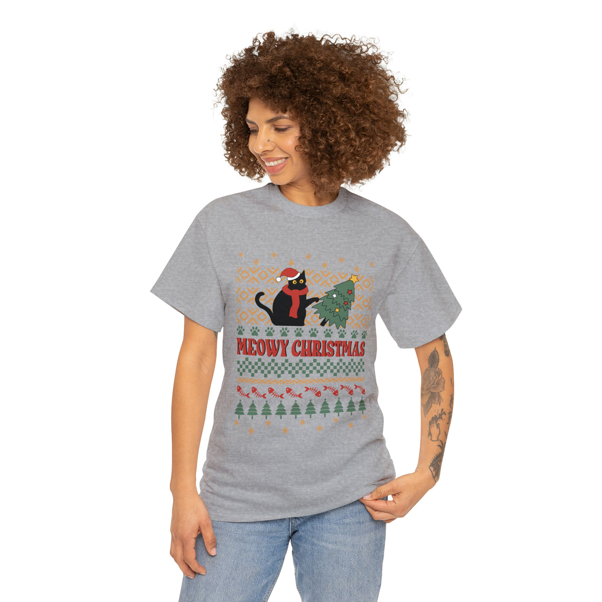 Meowy Christmas Cat Tipping Over Tree Ugly Sweater Short Sleeve Tee