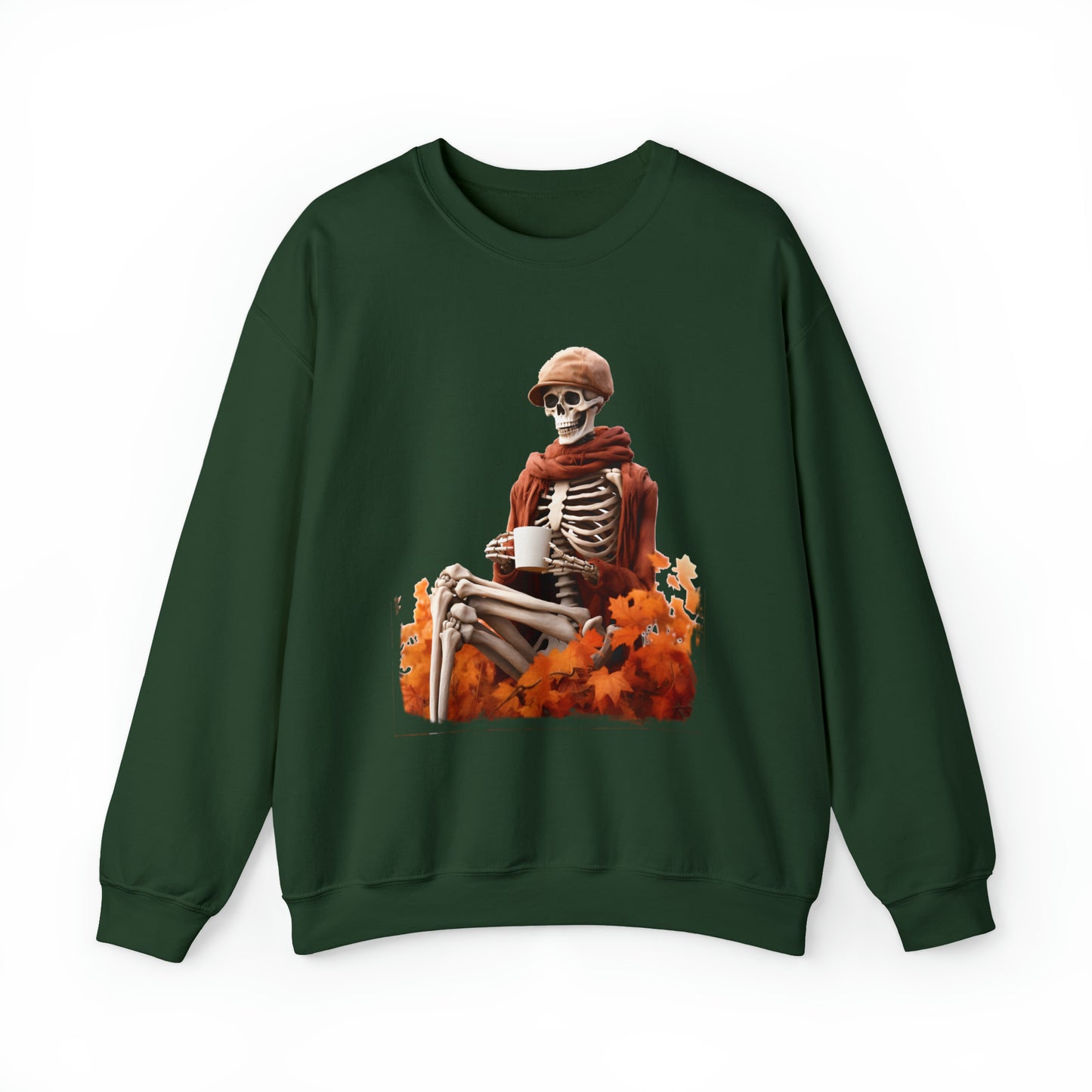 Skeleton in Fedora Sitting With Fall Leaves Halloween Sweatshirt