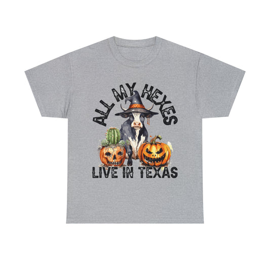 All My Hexes Live In Texas Cow With Pumpkins Halloween Short Sleeve Tee