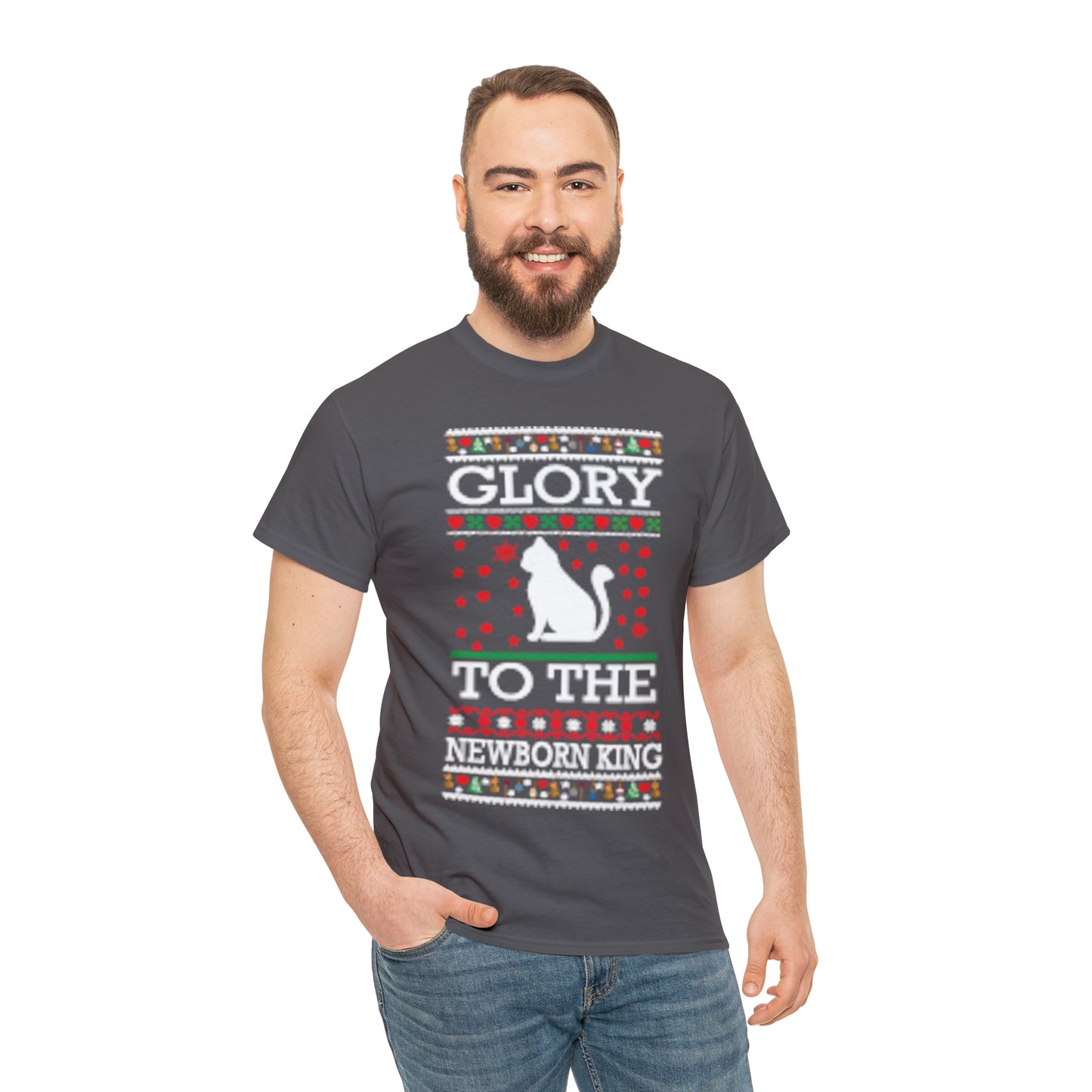 Glory to the Newborn King Cat Christmas Ugly Sweater Short Sleeve Tee