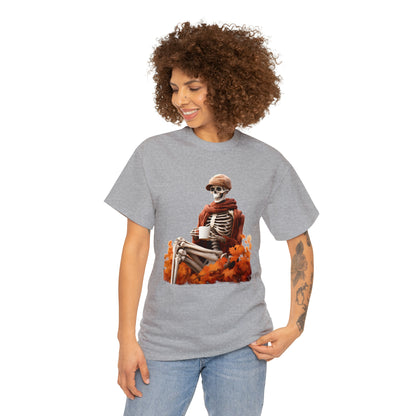 Skeleton in Fedora Sitting With Fall Leaves Halloween Short Sleeve Tee