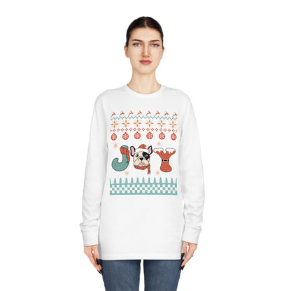 Joy French Bulldog Frenchie Dog Christmas Ugly Sweater Long Sleeve Tee