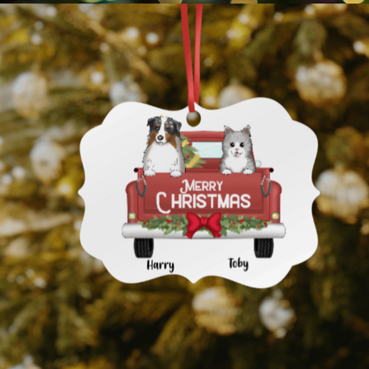 Custom Metal Cat and/or Dog in Christmas Truck Ornament