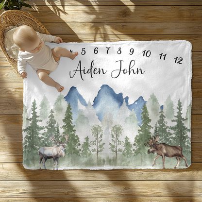 Mountain Wildlife Moose Milestone Velveteen Plush Blanket