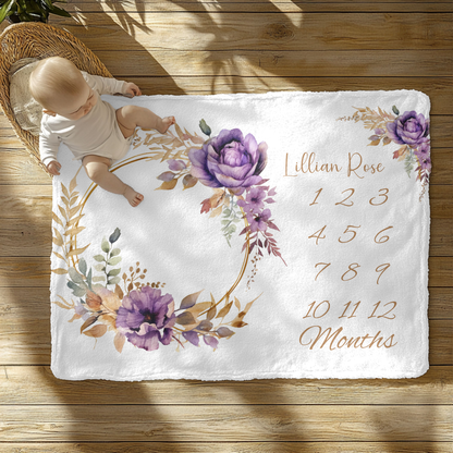 Personalized Purple Rose Velveteen Plush Blanket