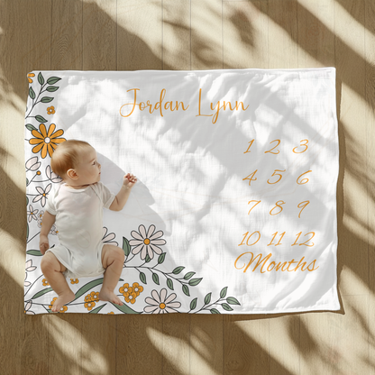 Personalized Orange Floral Velveteen Plush Blanket