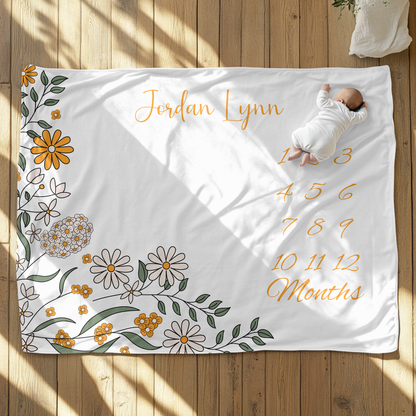 Personalized Orange Floral Velveteen Plush Blanket