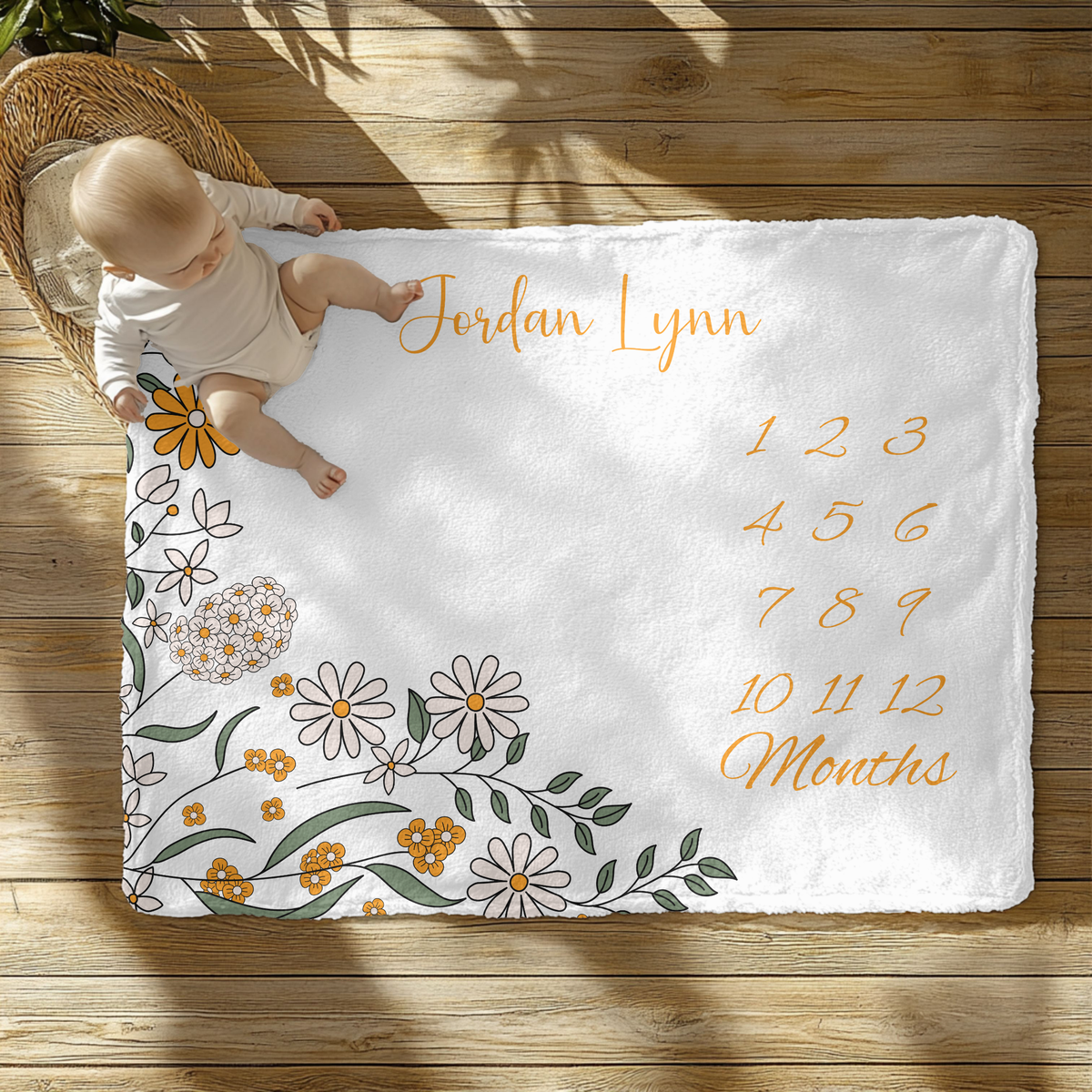 Personalized Orange Floral Velveteen Plush Blanket