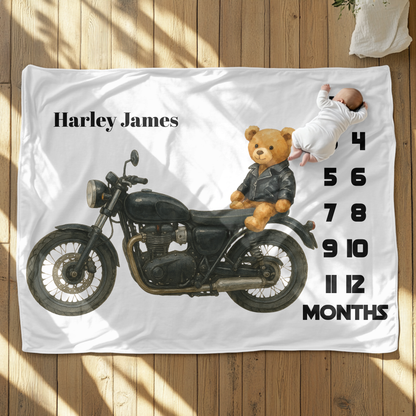 Personalized Motorcycle Bear Velveteen Plush Blanket