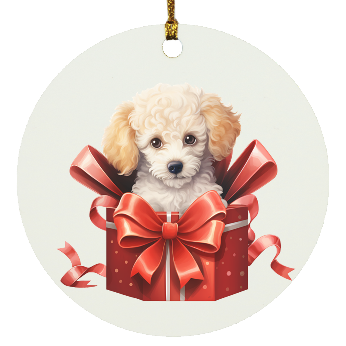Apricot Poodle in Box Circle Christmas Ornament