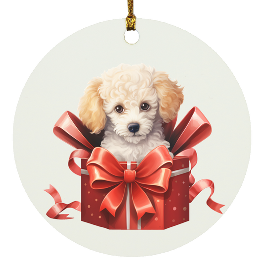 Apricot Poodle in Box Circle Christmas Ornament