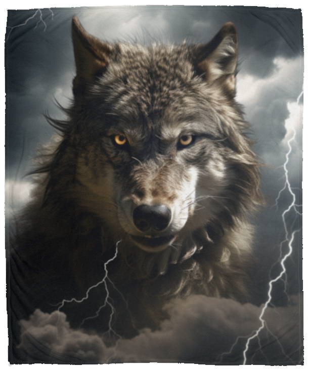 Wolf with Lightening Plush Fleece Blanket