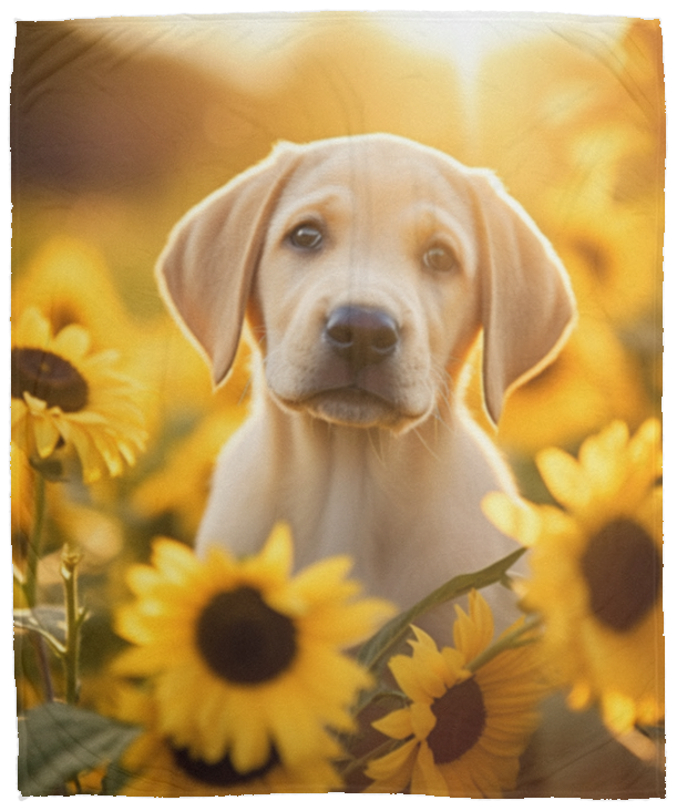 Yellow Labrador Puppy in Field of Sunflowers Plush Fleece Blanket