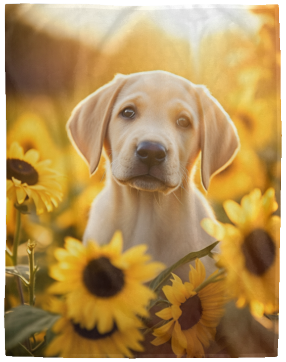 Yellow Labrador Puppy in Field of Sunflowers Plush Fleece Blanket