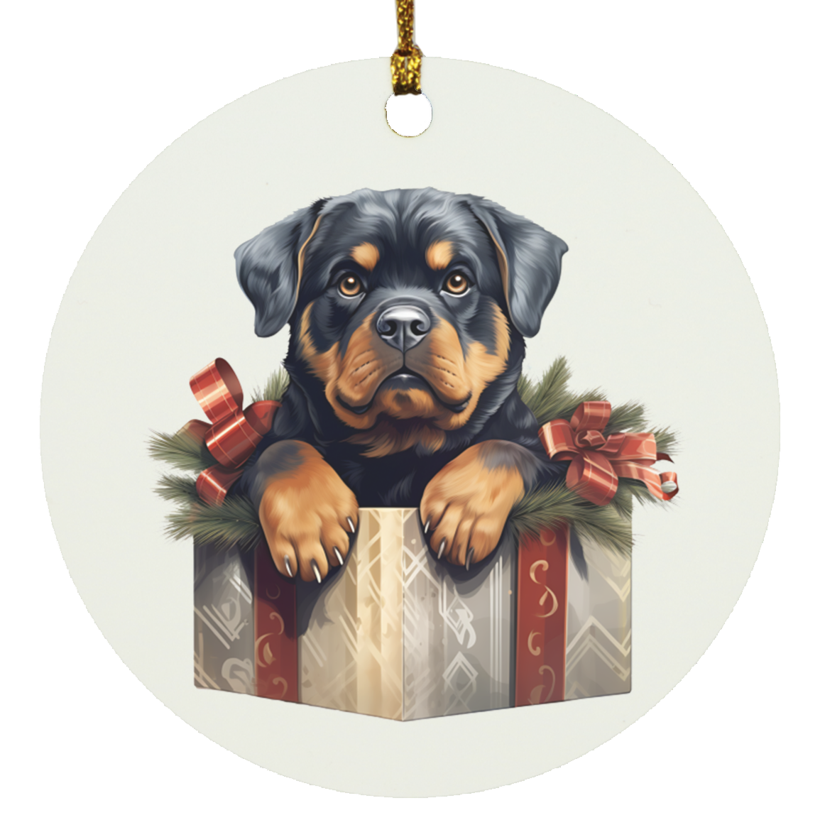 Rottweiler in Box 2 Circle Christmas Ornament