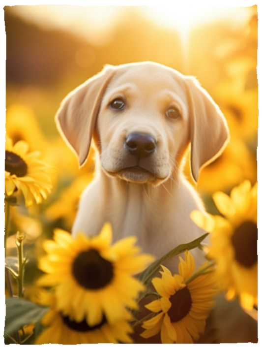 Yellow Labrador Puppy in Field of Sunflowers Plush Fleece Blanket