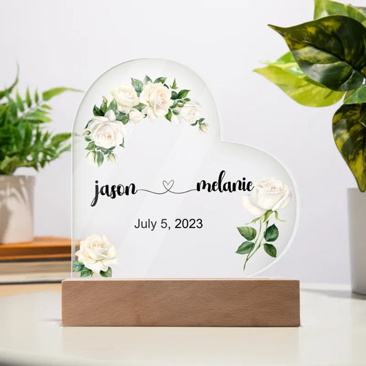 Personalized Couples Acrylic Night Light, White Flower Custom Printed, Anniversary Gift, Newlywed, Valentines, Engagement LED Nightlight